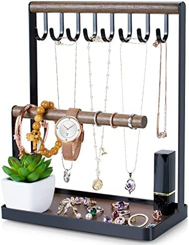 PAMANO Jewelry Stand Holder, 3-Tier Necklace Hanging Wooden Ring Organizer Earring Tray, 8 Hooks ... | Amazon (US)