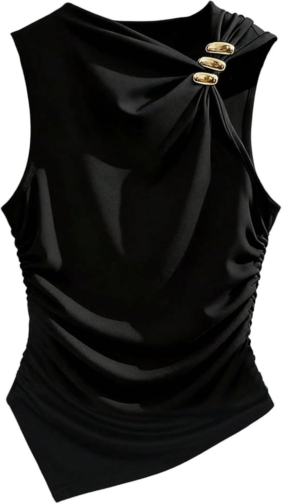 SweatyRocks Women's Metal Decor Ruched Asymmetrical Tank Tops Slim Fit Sleeveless Going Out Top | Amazon (US)