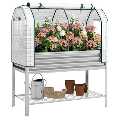 Outsunny Galvanised Raised Garden Bed with Greenhouse Cover, Metal Elevated Garden Bed with Bed Liner and Bottom Shelf, Silver | Target