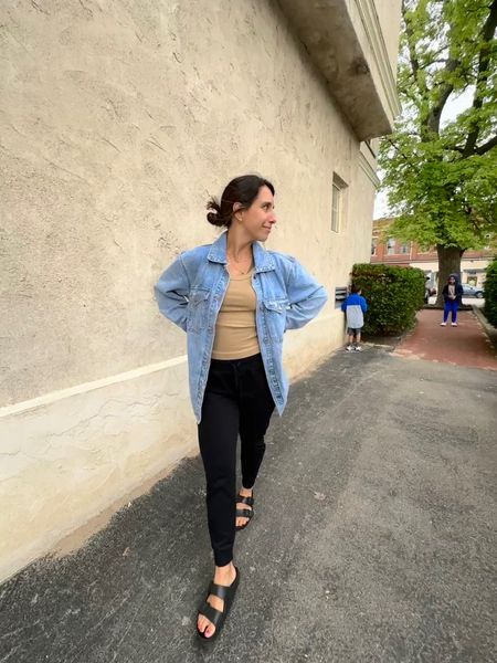 Joggers, denim oversized jacket, and Birkenstocks for a cold summer day.

Spring outfits, summer outfits, woman’s joggers. 

#LTKunder100