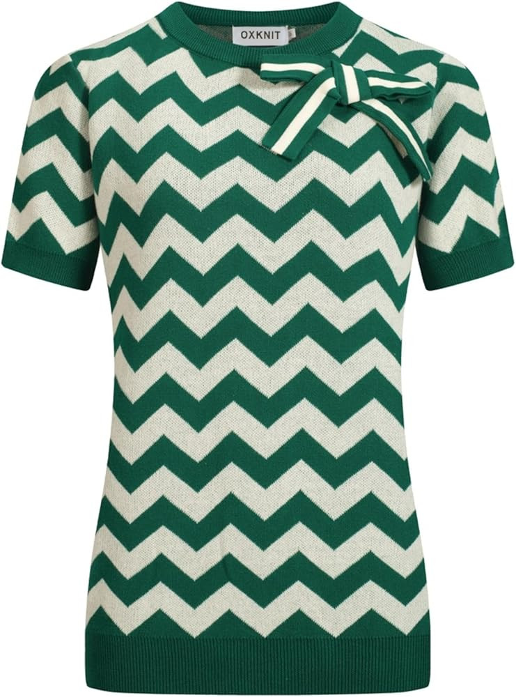 OXKNIT Women's Knitted T-Shirt, 1960s Mod Style Retro Green and Beige Polylines Crewneck Cotton S... | Amazon (US)