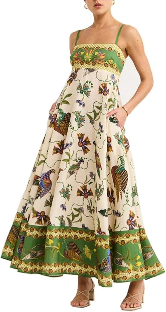 Women Boho Flowy Graffiti Long Aline Sundress Graphic Square Neck Sleeveless Spaghetti Strap Y2K ... | Amazon (US)