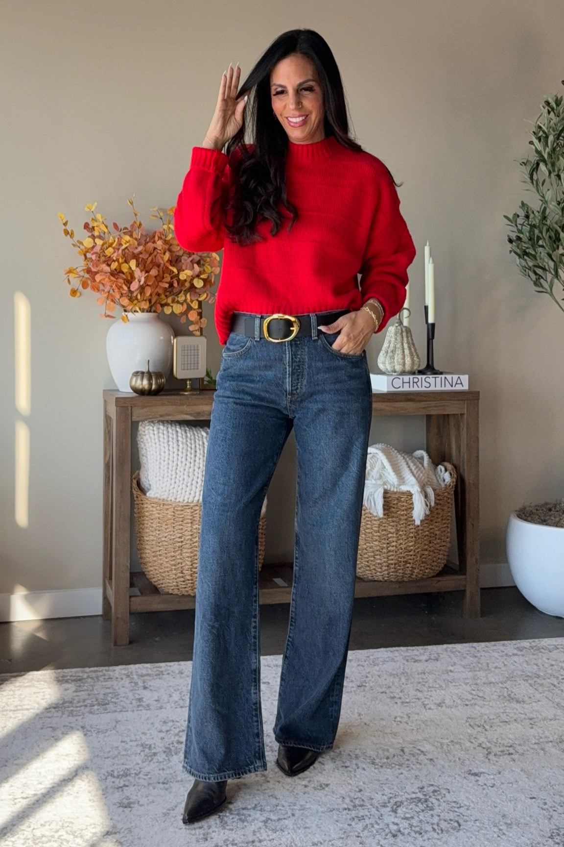 Red sweater - small 
Denim- soft and amazing - size 26
Boots are tts 

#LTKU #LTKHoliday #LTKSaleAlert