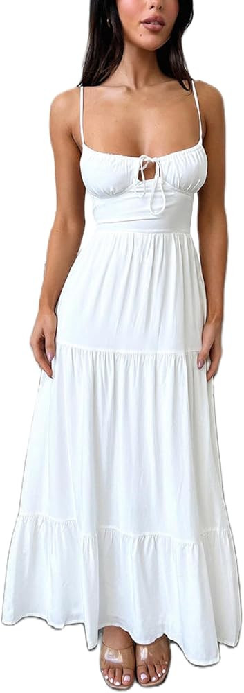 Women Y2k Bodycon Maxi Dress Open Back Flowy Long Dress Low Cut Spaghetti Strap Sundress Summer S... | Amazon (US)