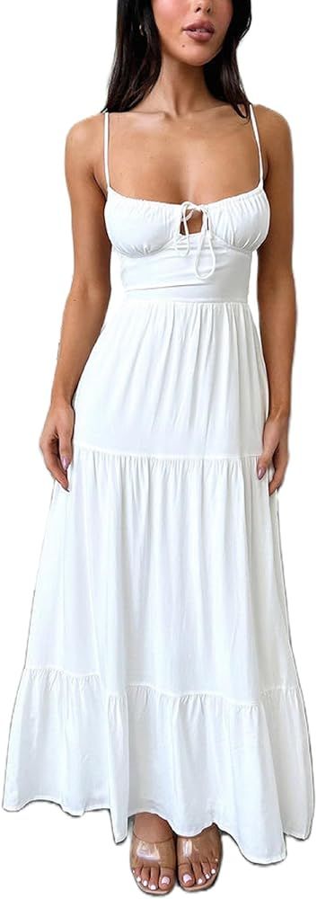 Women Y2k Bodycon Maxi Dress Open Back Flowy Long Dress Low Cut Spaghetti Strap Sundress Summer S... | Amazon (US)