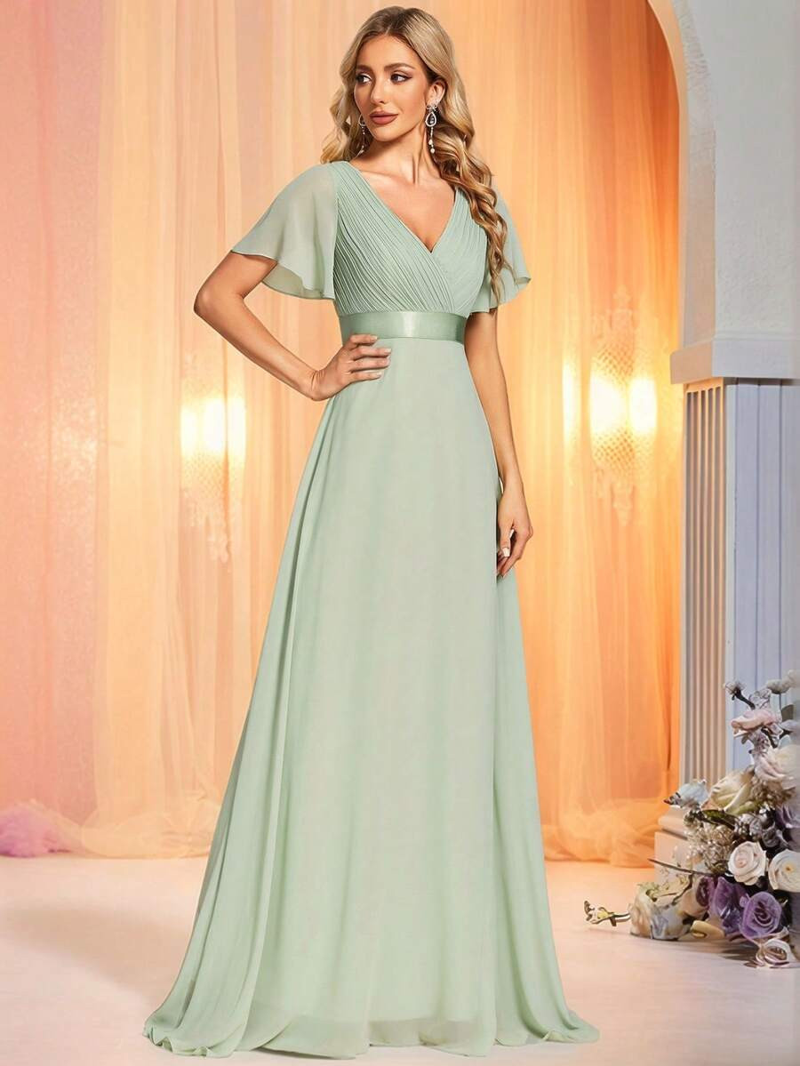 Elegant V-Neck Ruffle Butterfly Sleeve Sage Green Bridesmaid Dress, Wedding Guest Dress, Spring S... | SHEIN
