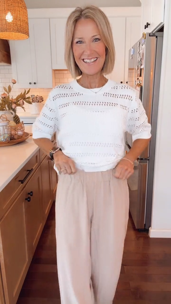 The softest wide leg pants with the prettiest drape! Paired with this open knit sweater for an effortless spring look. 

#LTKSpringSale #LTKOver40 #LTKootd