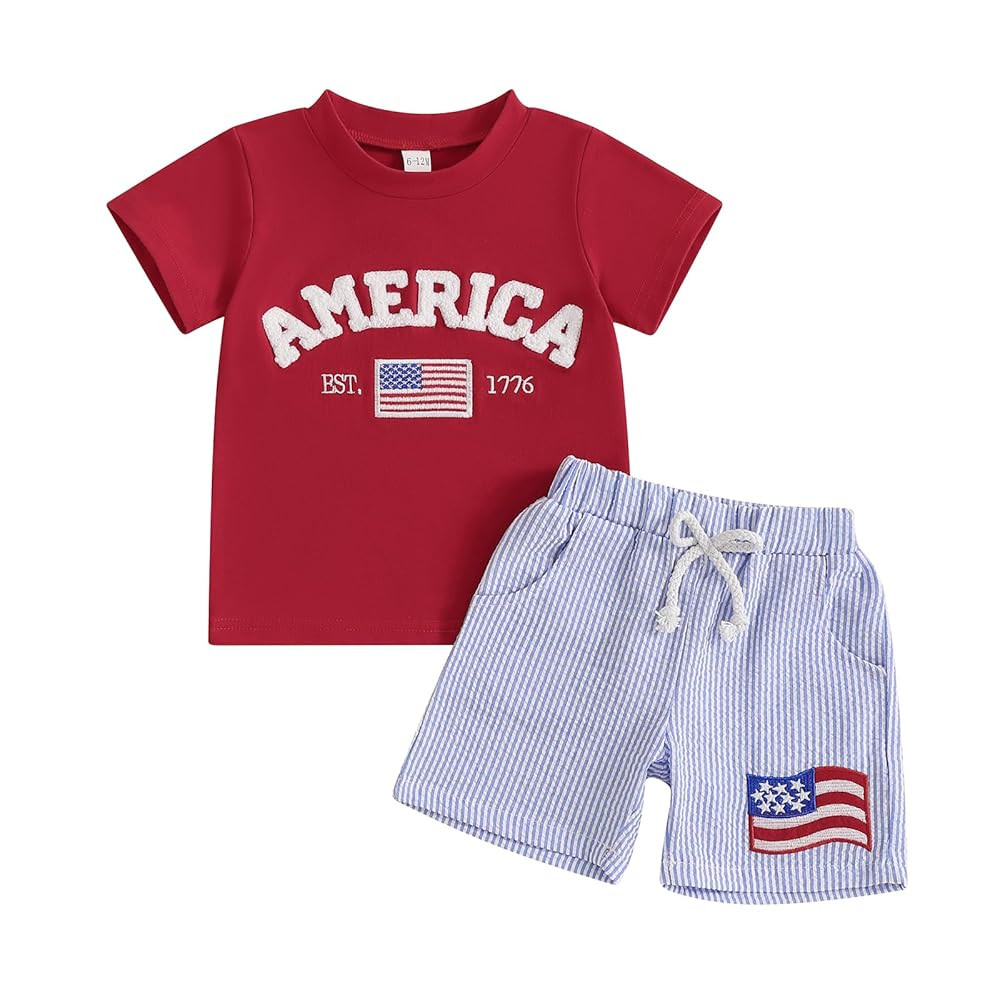 Toddler Boy 4th of July Outfit Baby Boy American Flag Embroidery T Shirt Shorts Set Fourth of Jul... | Amazon (US)