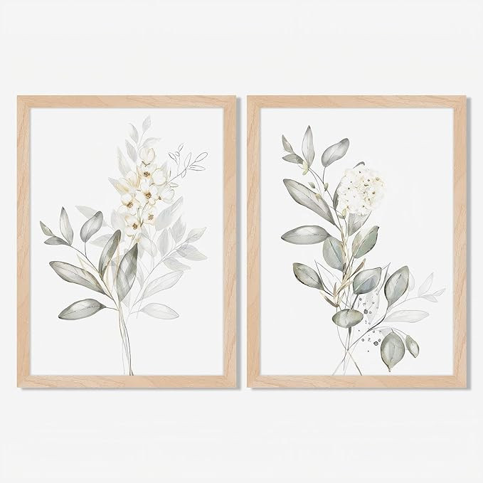 Framed Nature Botanical Wall Art Set of 2, White Floral with Green Eucalyptus Leaves Canvas Print... | Amazon (US)