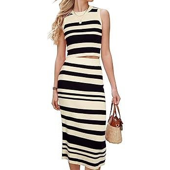 Arach&Cloz Women's Non See Through 2 Piece Sets Summer Tank Top and Midi Skirt Knit Outfits | Amazon (US)