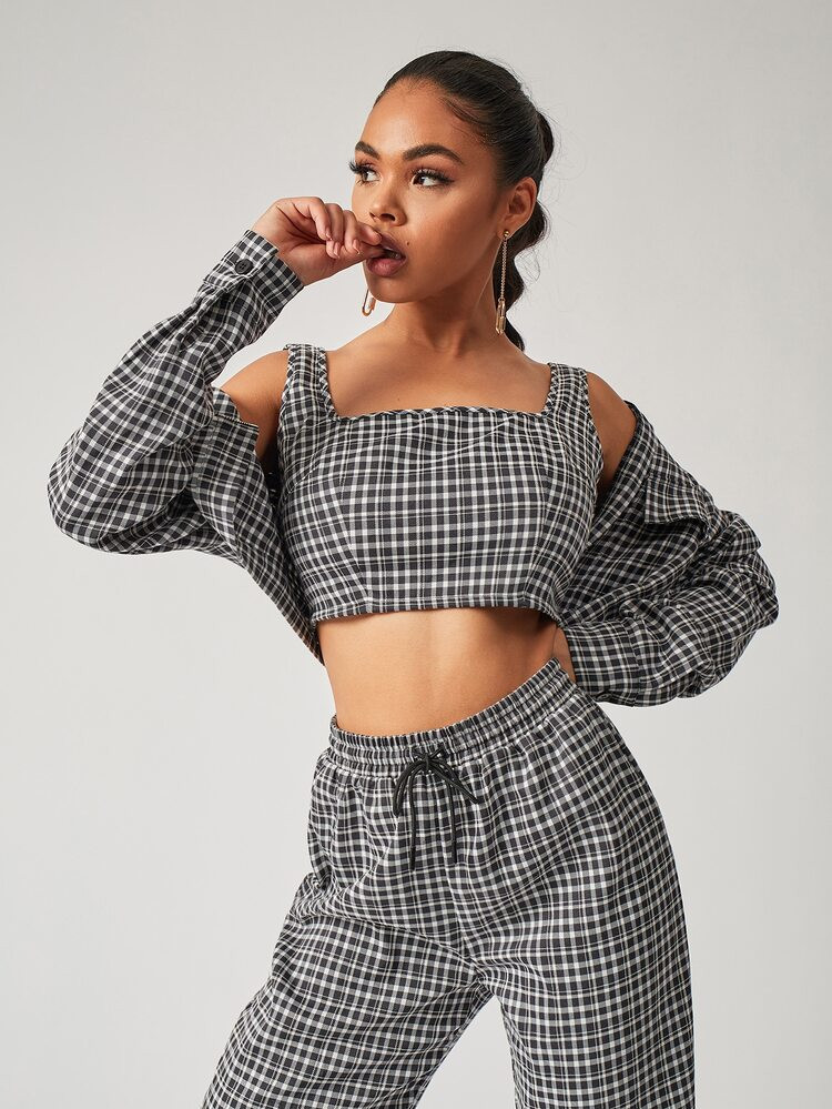 SHEIN Gingham Print Tank Top & Drawstring Waist Pants Set | SHEIN