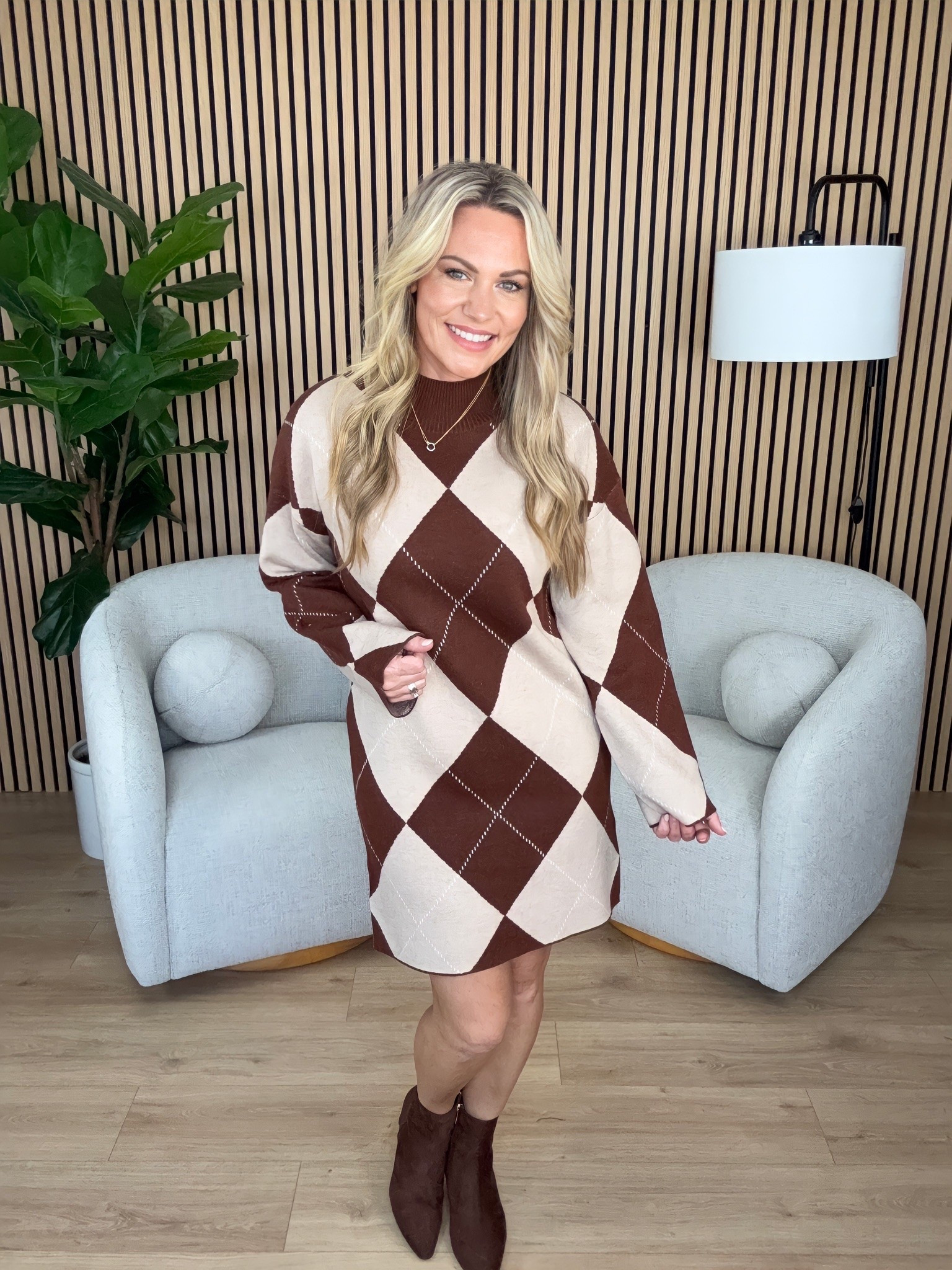 This argyle sweater dress immediately caught my eye for fall. The oversized diamond pattern and warm neutral shades make it an easy option for the office, dinner or a cooler weekend.

fall sweater dress, argyle sweater dress, brown dress, cream and brown, fall fashion, workwear dress, knit mini dress, office style, fall outfit idea, neutral fall style, AudrieDollins

#LTKSeasonal #LTKOver40 #LTKootd