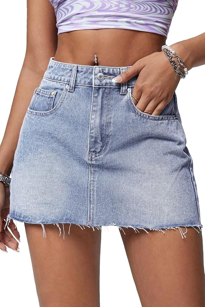 ELLEVEN Denim Skirt Women Mini Low Waist Stretchy Raw Hem Jean Skirt with Pockets | Amazon (US)