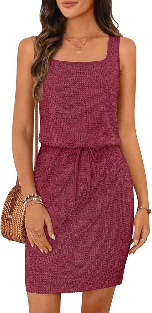 MEROKEETY Women's Summer Mini Sundress Casual Waffle Knit Square Neck Drawstring Beach Tank Dress... | Amazon (US)
