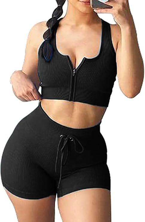 Meyeeka Women's 2 Piece Ribbed Seamless Workout Sets Sport Bra High Waist Booty Shorts Yoga Outfi... | Amazon (US)