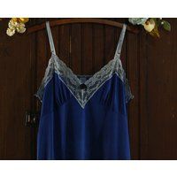 Royal Blue Lace Trim Empire Waist Nylon Slip Dress 80's // 38 40 | Etsy (US)