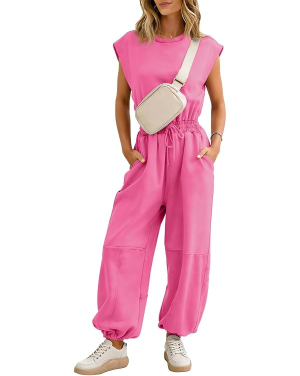 Flygo Womens Casual Jumpsuit Crewneck Cap Sleeve Long Wide Leg Pants One Piece Outfits Drawstring... | Amazon (US)