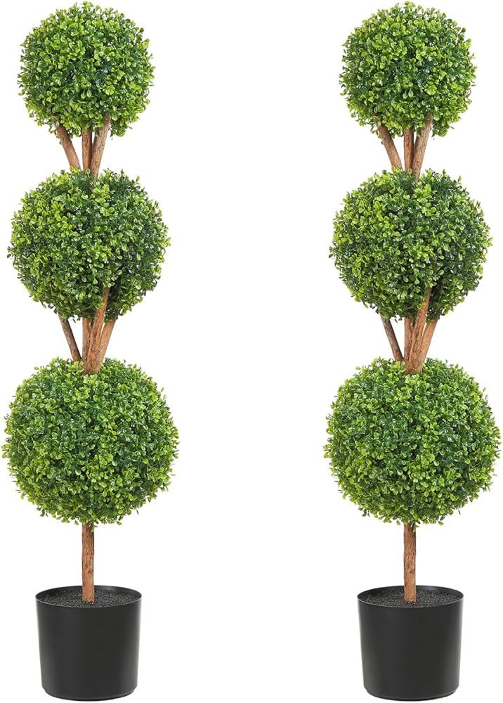 Artificial Boxwood Topiary Tree, 48 inch Tall (2 Pieces), Triple Ball-Shaped Faux Topiary Tree, G... | Amazon (US)