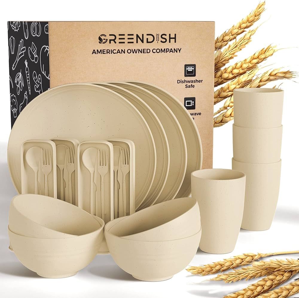 Wheat Straw Dinnerware Set 24-Piece - Cups, Plates and Bowls Sets for 4 with Reusable Cutlery Ute... | Amazon (US)