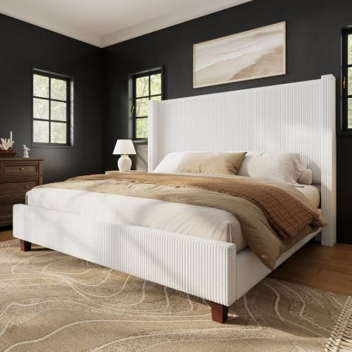 HOWE King Size Upholstered Bed Frame with 50.8'' Wingback Headboard, White | Amazon (US)