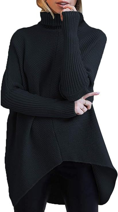 ANRABESS Womens Turtleneck Oversized Sweater 2023 Long Batwing Sleeve Asymmetric Hem Casual Knit ... | Amazon (US)