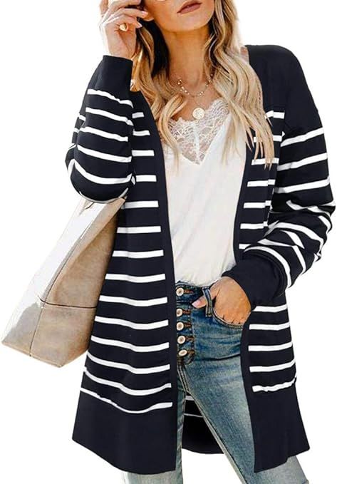 PINKMSTYLE Womens Casual Striped Long Sleeve Open Front Lightweight Loose Long Knit Cardigan Swea... | Amazon (US)