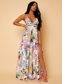 SHEIN Patchwork Floral Print Cross Wrap Twist Backless Dress | SHEIN