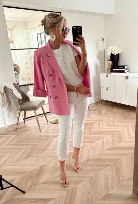 Summer OOTD! From work to date night! This linen blazer comes in a white too, I’m wearing a small. 

Top, small.
Blazer, small.
Pants, TTS.
Heels, TTS.

Summer outfit. White jeans. Blazer. Work outfit. Summer style. 

#LTKStyleTip #LTKxWalmart #LTKFindsUnder50