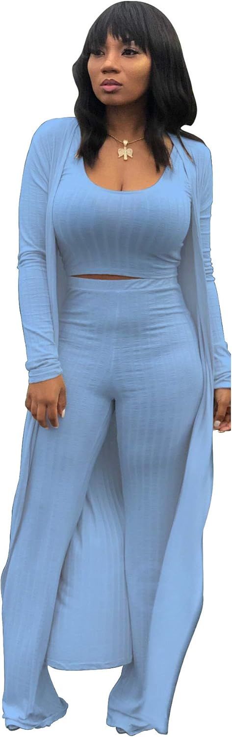 Women Sexy 3 Piece Outfits - Crop Top Long Kimono Cardigan Cover up and Bodycon Pants Set S XXL | Amazon (US)