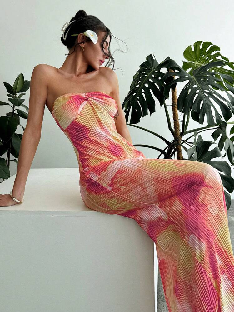 SHEIN X Lore Improta Aloruh Summer Date Strapless Twist Knot Long Fitted Pleated Orange Floral Women's Dress,Summer Dresses For Women | SHEIN