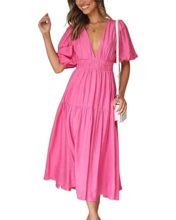 HOULENGS Women's Deep V Neck Puff Short Sleeve Tiered Dress Elastic High Waist Flowy A Line Midi ... | Amazon (US)