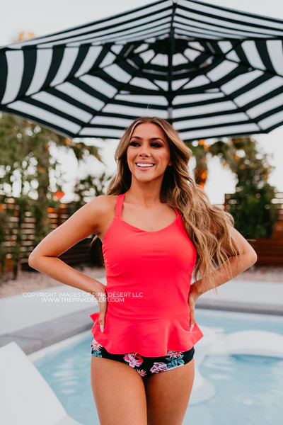ELEVATED PEPLUM TANKINI IN BISOU RASPBERRY BY PINK DESERT | Pink Desert