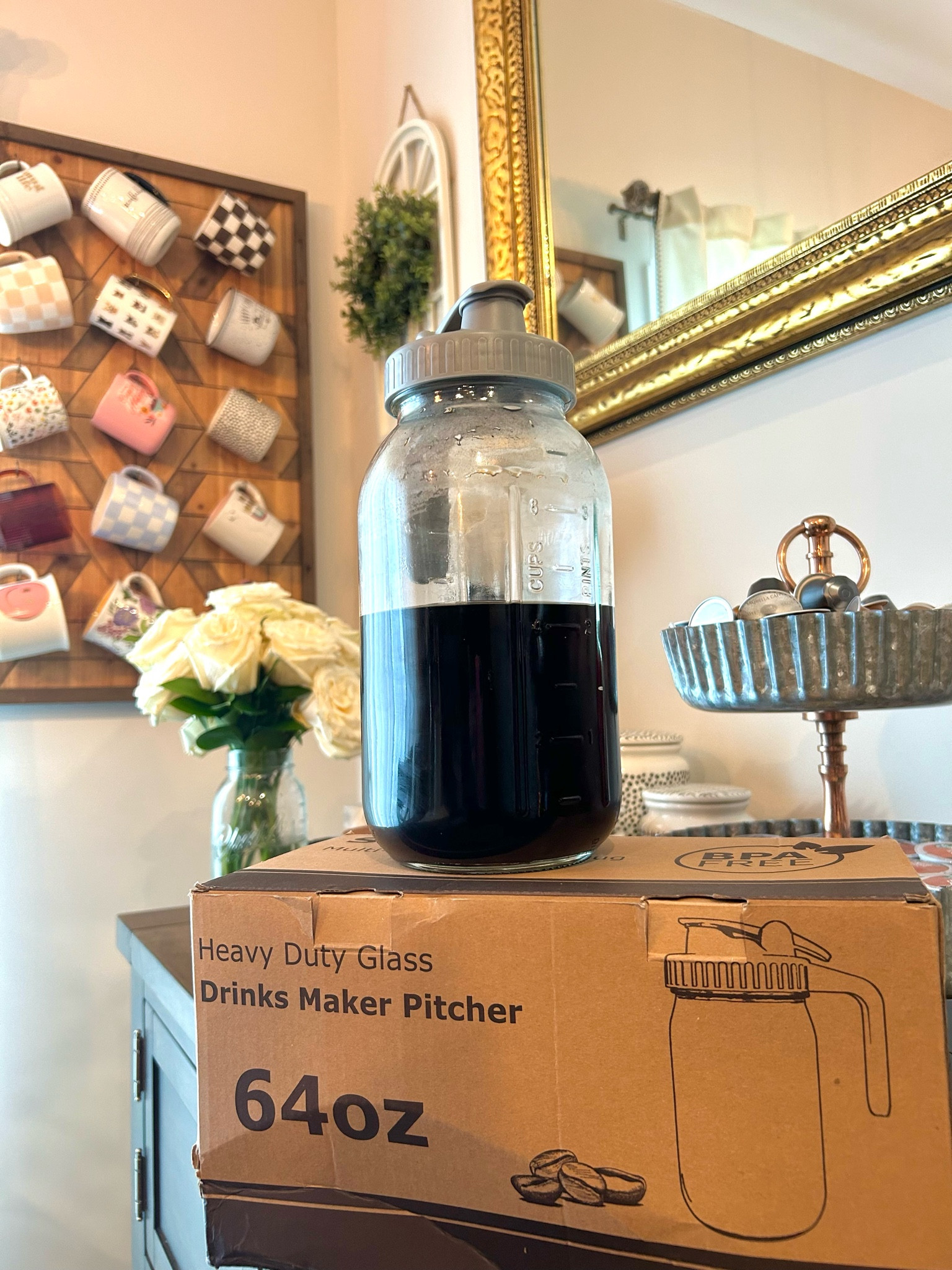 Trying all new coffee recipes, so I snagged this 64oz pitcher from Amazon and my cold brew came out SO good! ✌🏼♥️☕️ #yourdailymugshot #coffee #coldbrew #kitchenfinds #ltkhome