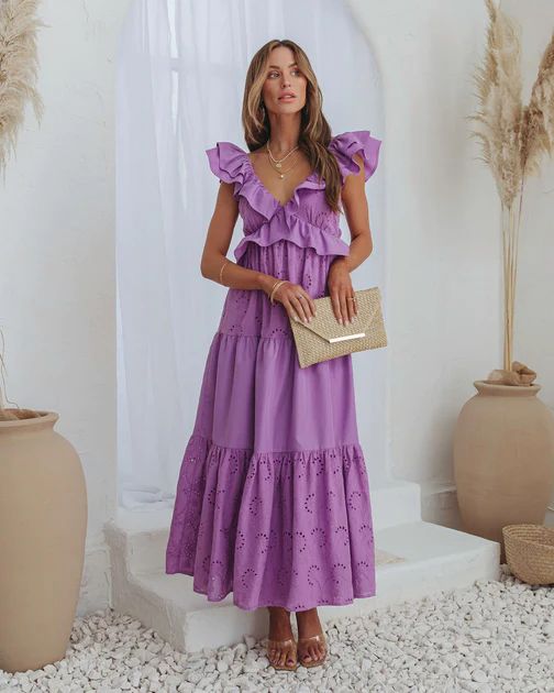 Emelina Eyelet Tiered Ruffle Sleeve Maxi Dress - Purple | VICI Collection