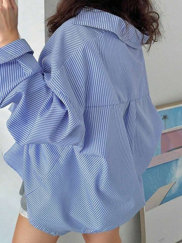 Dazy Plus Oversized Turn-Down Collar Striped Blue Long Sleeve Shirt | SHEIN