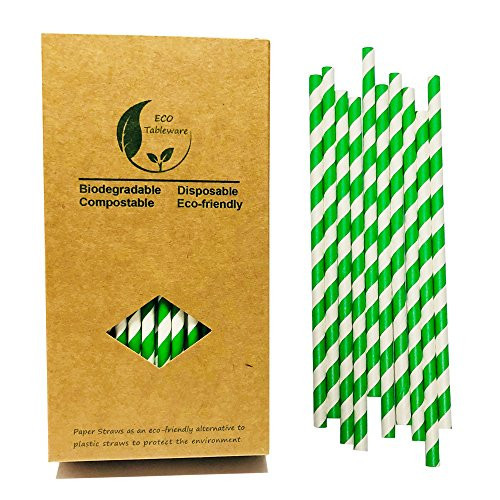 Environment Green White Paper Straws Bulk 100, Disposable Green Striped Drinking Straws with Kraft Box Packing Coktail Straw for Holiday Use Juice Patener | Amazon (US)