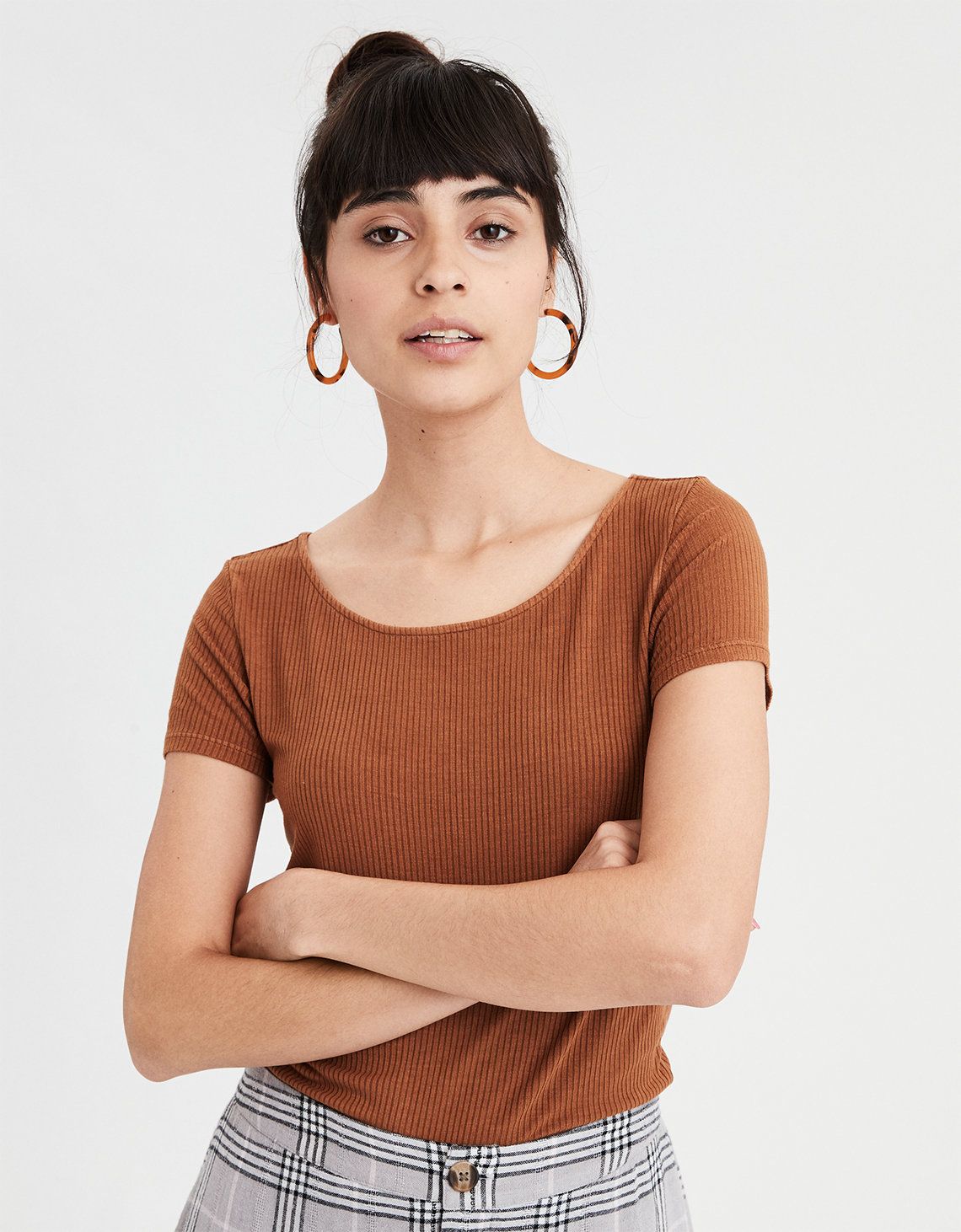 AE Soft & Sexy Ribbed Baby Tee, Brown | American Eagle Outfitters (US & CA)