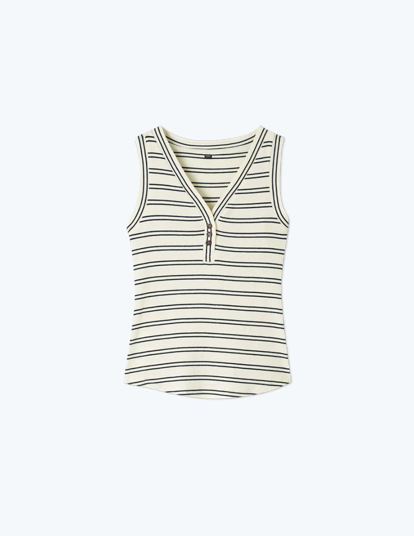 The Softest Ribbed Henley Tank - White Sand & Deep Sea Stripe | SummerSalt