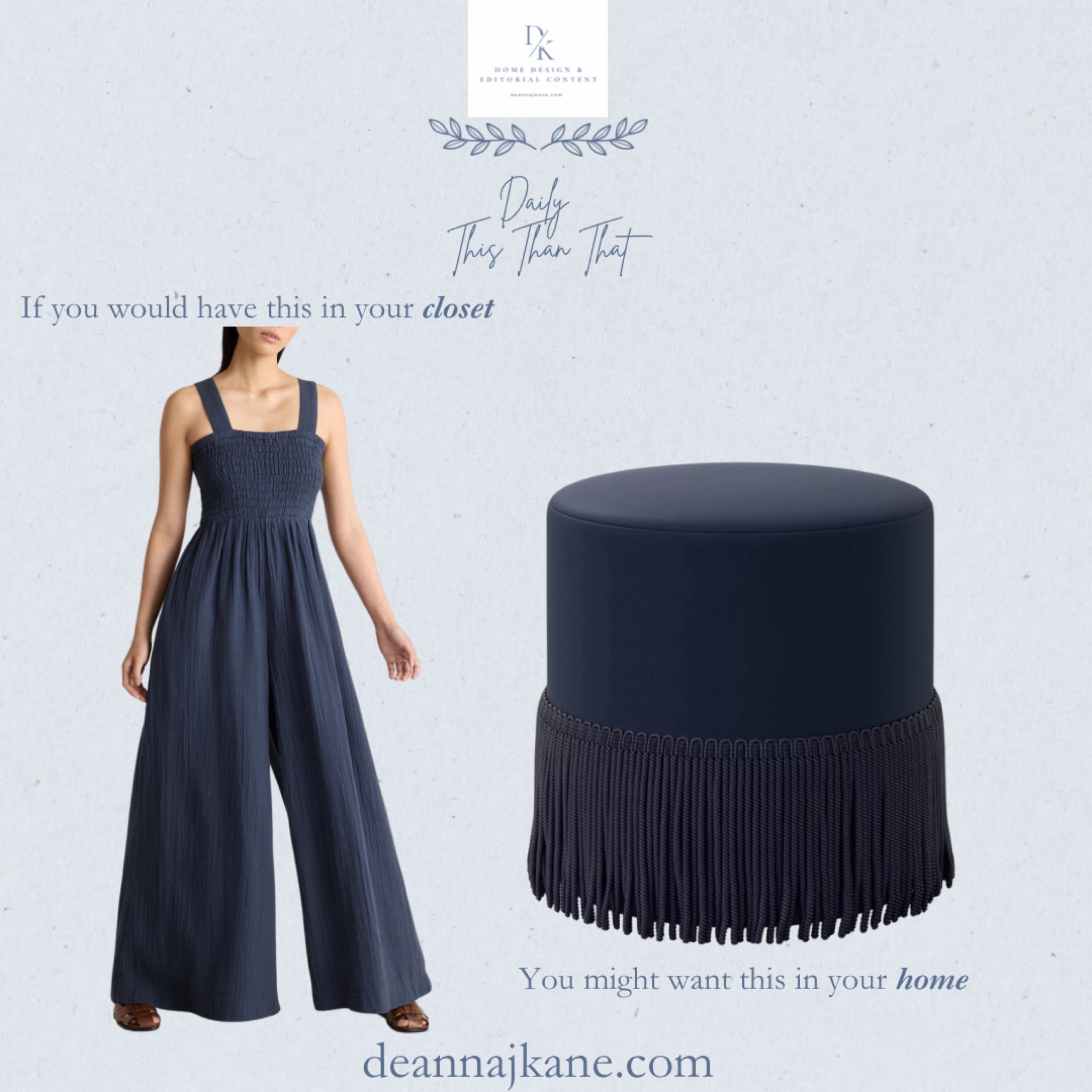 If you would wear this navy jumpsuit, you might want this navy fringe ottoman in your home  

#LTKHome #LTKSeasonal