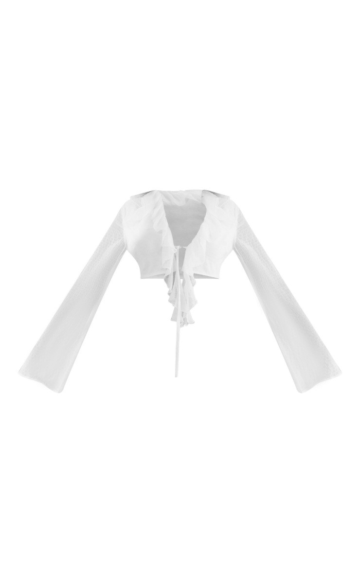 White Textured Chiffon Ruffle Tie Front Blouse | PrettyLittleThing UK