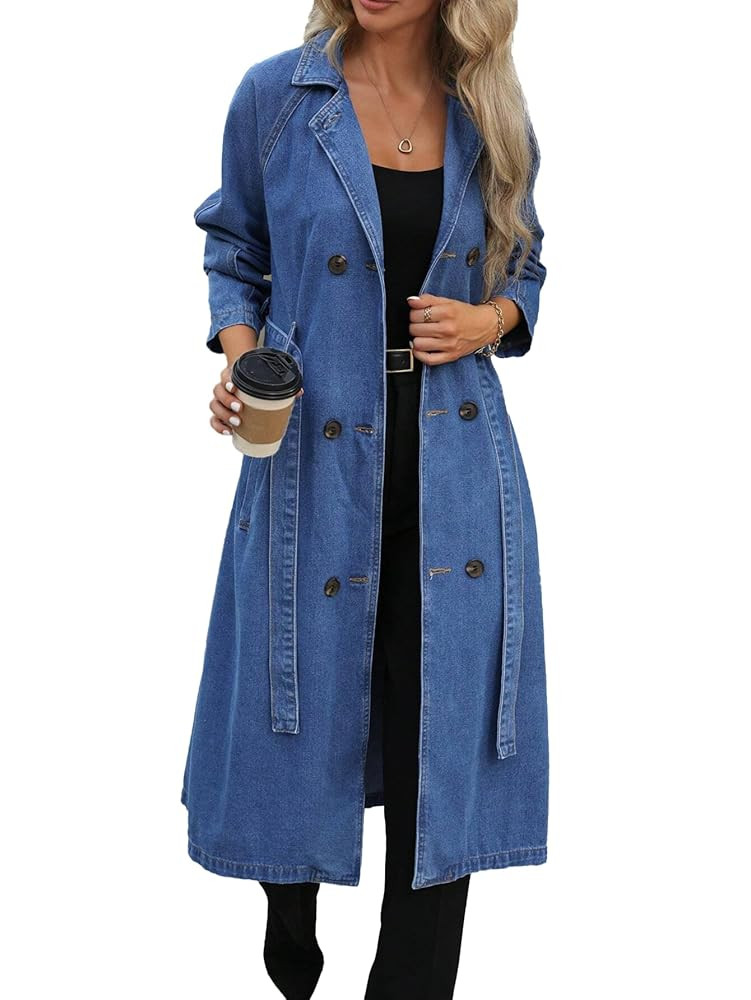 Womens Long Denim Jacket Plus Size Lapel Collar Long Sleeve Trench Coat Button Down Over Knee Tun... | Amazon (US)