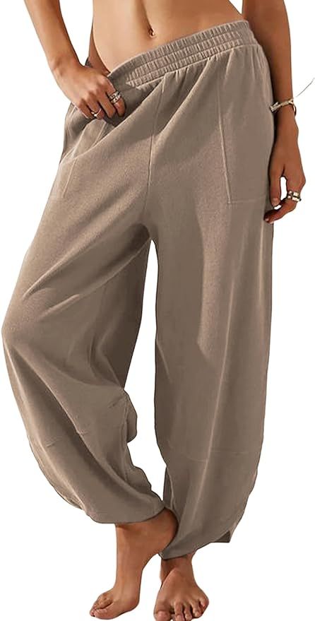 Springrain Womens Baggy Wide Leg Pants Cotton Elastic Waisted Loose Palazzo Harem Pants with Pock... | Amazon (US)