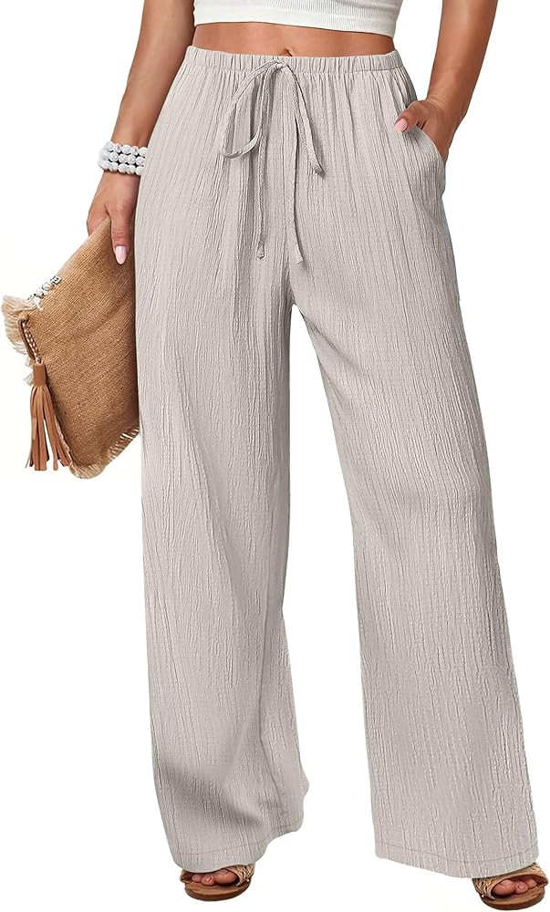 ANRABESS Women's Wide Leg Beach Pants Elastic Waist Lightweight Casual Flowy Palazzo Lounge Trous... | Amazon (US)