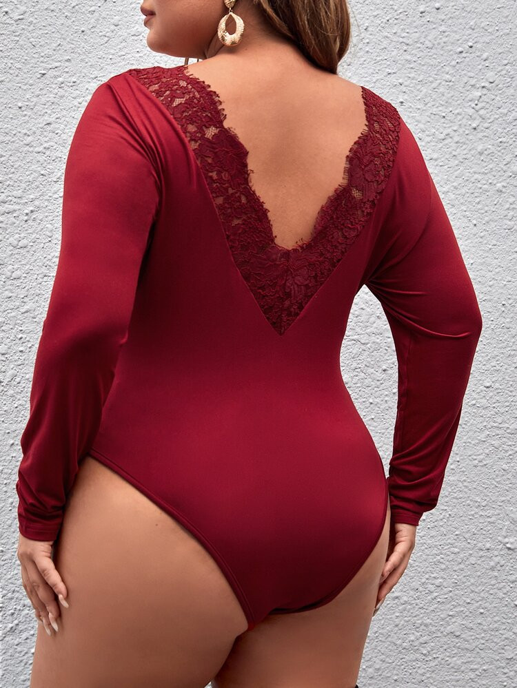 Plus Eyelash Lace Trim Bodysuit | SHEIN