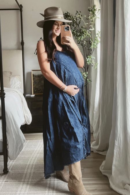 I love this denim maxi dress and how cute it is with a baby bump! Styling with a ball cap and sneakers for weekend wear this spring. Sized up to a M at nearly 30 weeks pregnant  

#LTKshoecrush #LTKbump #LTKstyletip
