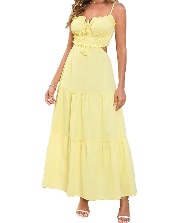 XinFSh Women's Summer Spaghetti Maxi Dress Boho Backless Milkmaid Cutout Dresses Casual Flowy Lon... | Amazon (US)