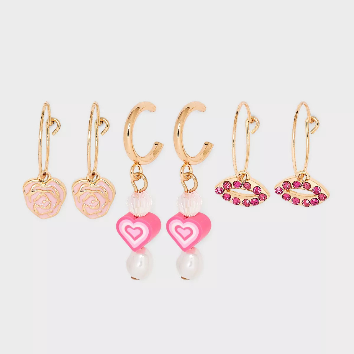 Lips and Mixed Beaded Heart Hoop Earring Set 3pc - Gold/Pink/Red | Target