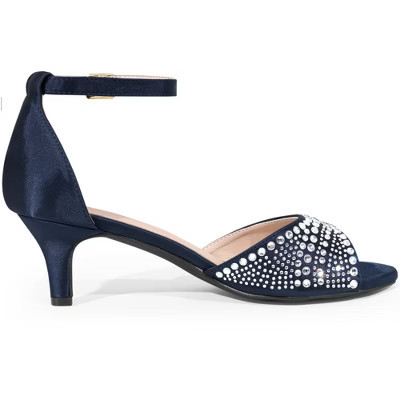 BLISSFUL STEP Women's Rhinestone Ankle Strap Kitten Heel Sandals 7.5 Dark Blue | Target