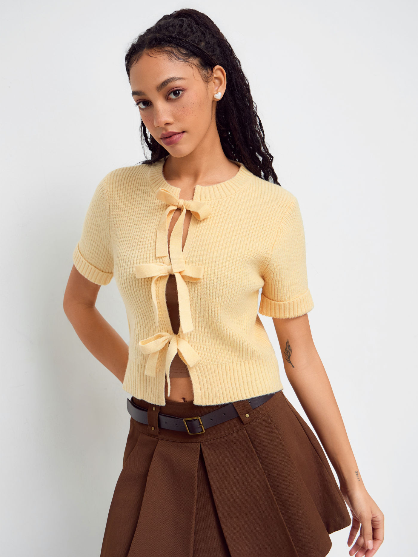 Knit Fabric Knit Round Neck Tie Front Bowknot Short Sleeve Sweater For School Daily Casual | Cider