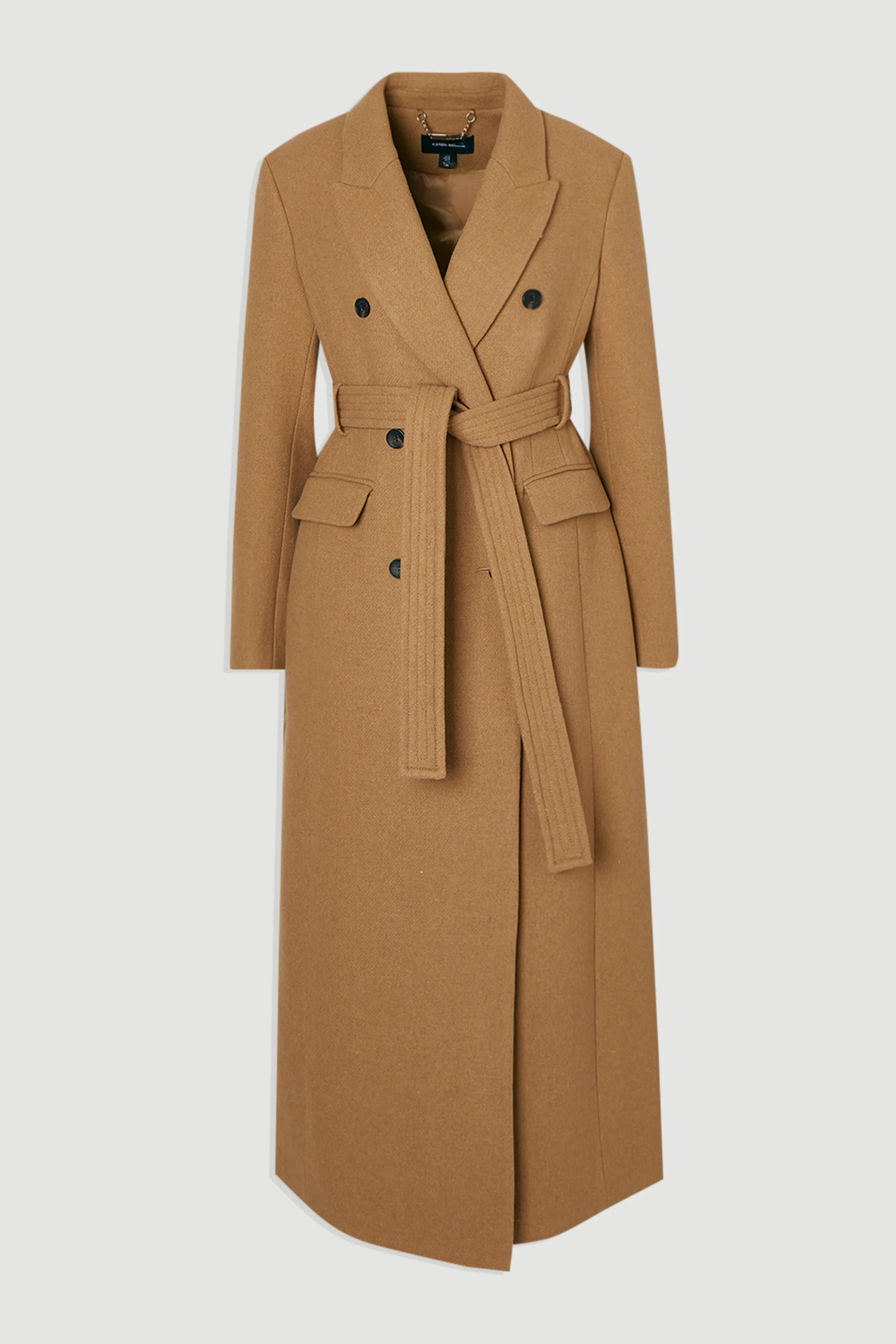 Wool Double Breasted Belted Tailored Maxi Coat | Karen Millen US